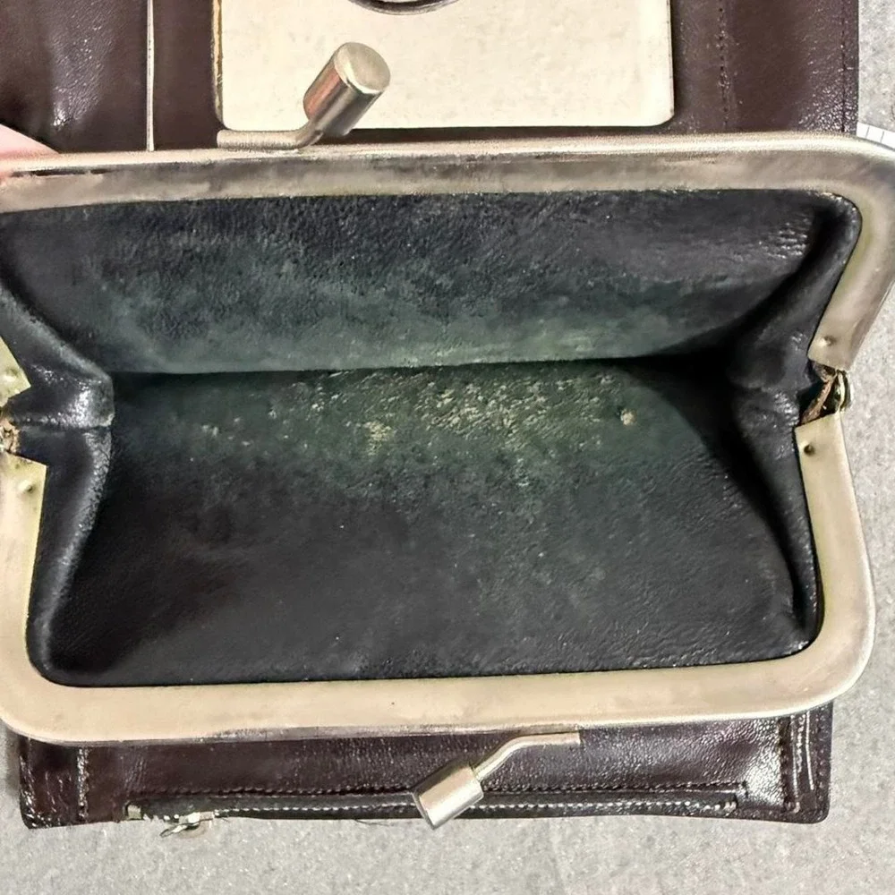 Vtg 70s Etienne Aigner Oxblood Brown Leather Wallet Kiss Lock Coin Purse Mirror